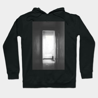 Digital collage, special processing. Room, corridor. Look from darkness to light. Grayscale. Hoodie